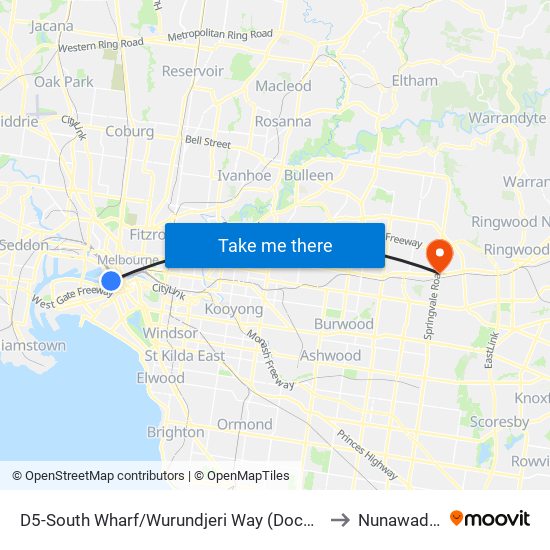 D5-South Wharf/Wurundjeri Way (Docklands) to Nunawading map