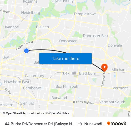 44-Burke Rd/Doncaster Rd (Balwyn North) to Nunawading map