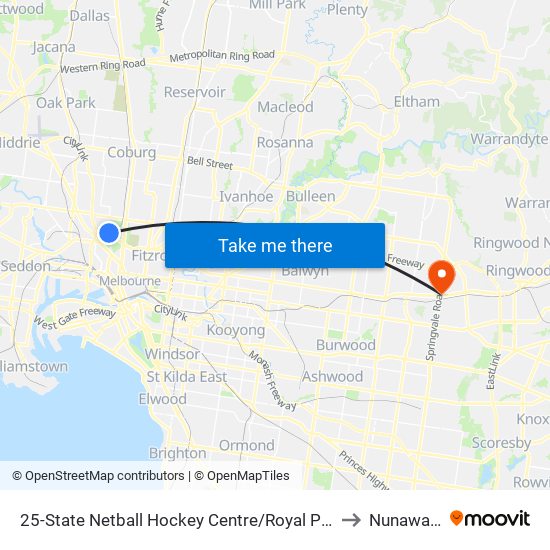 25-State Netball Hockey Centre/Royal Park (Parkville) to Nunawading map