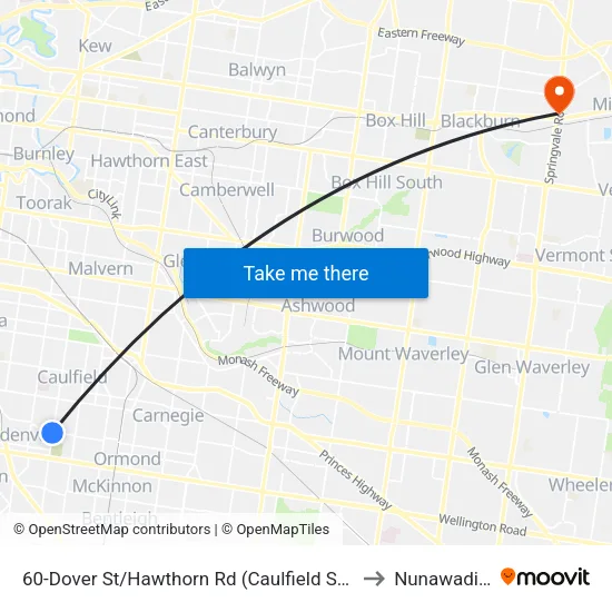 Dover St/Hawthorn Rd #60 to Nunawading map