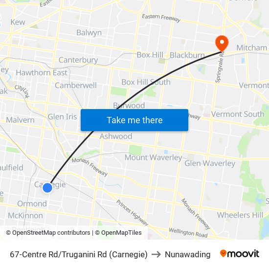 67-Centre Rd/Truganini Rd (Carnegie) to Nunawading map