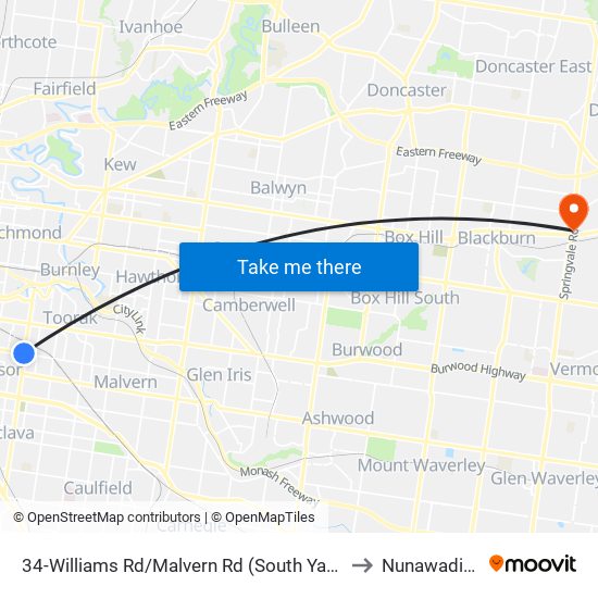 34-Williams Rd/Malvern Rd (South Yarra) to Nunawading map