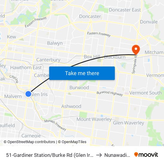 51-Gardiner Station/Burke Rd (Glen Iris) to Nunawading map