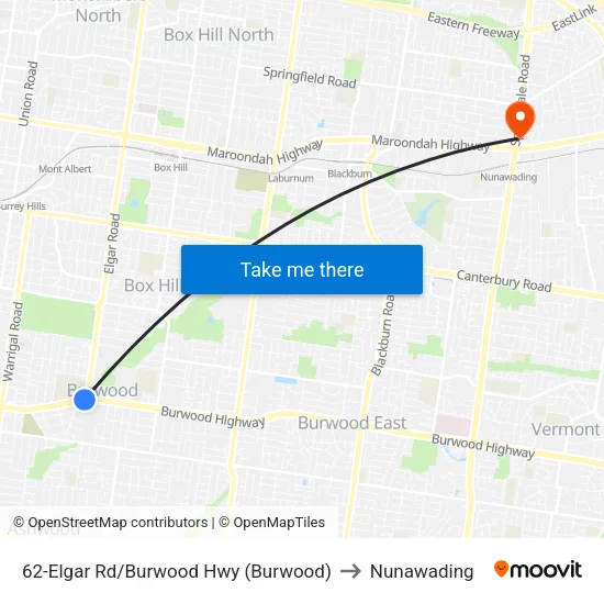 Elgar Rd/Burwood Hwy #62 to Nunawading map
