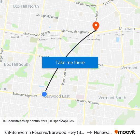 68-Benwerrin Reserve/Burwood Hwy (Burwood East) to Nunawading map