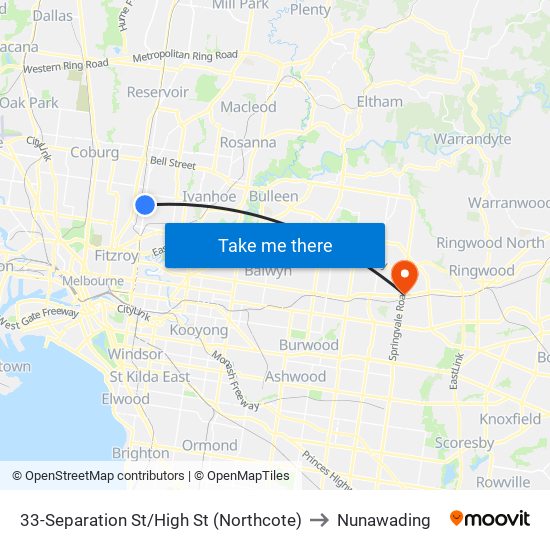 33-Separation St/High St (Northcote) to Nunawading map