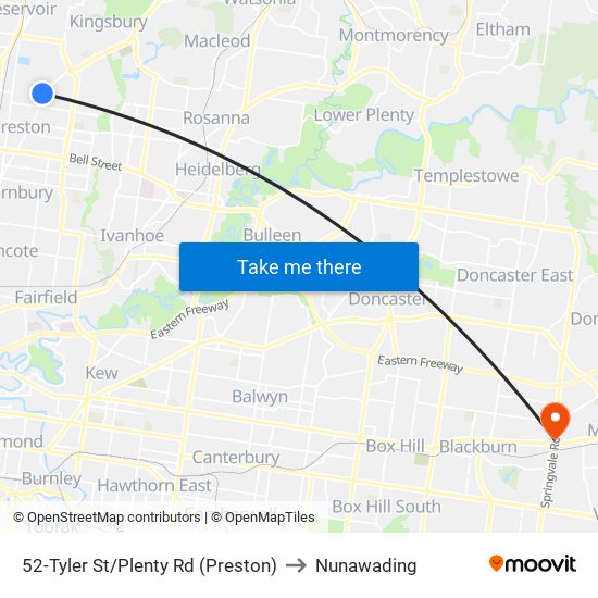 52-Tyler St/Plenty Rd (Preston) to Nunawading map