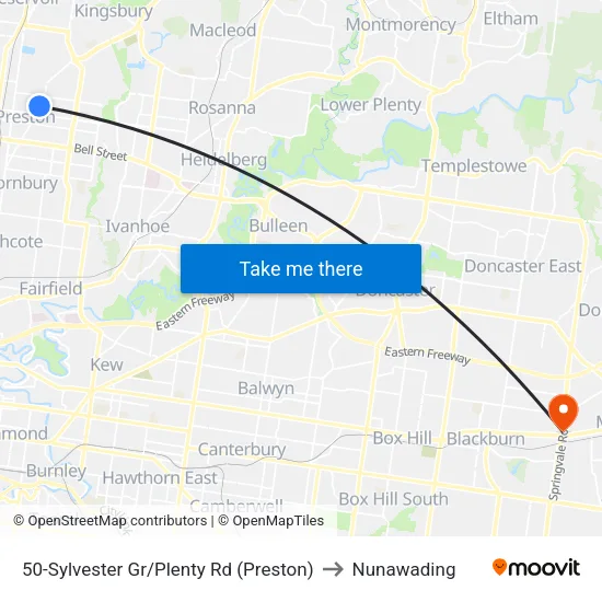 Sylvester Gr/Plenty Rd #50 to Nunawading map
