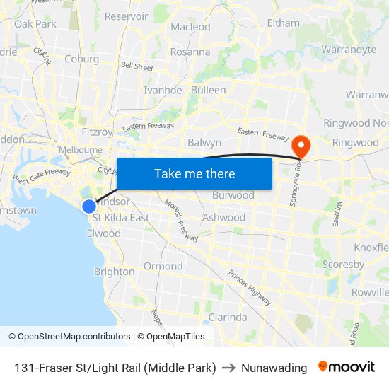 131-Fraser St/Light Rail (Middle Park) to Nunawading map