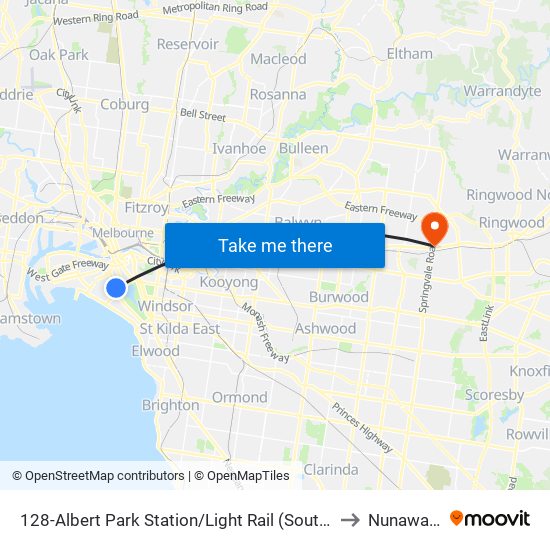 128-Albert Park Station/Light Rail (South Melbourne) to Nunawading map