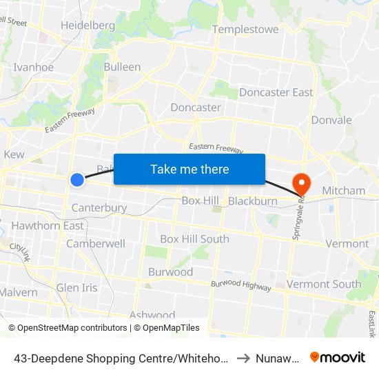 43-Deepdene Shopping Centre/Whitehorse Rd (Balwyn) to Nunawading map