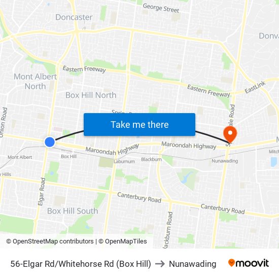 56-Elgar Rd/Whitehorse Rd (Box Hill) to Nunawading map