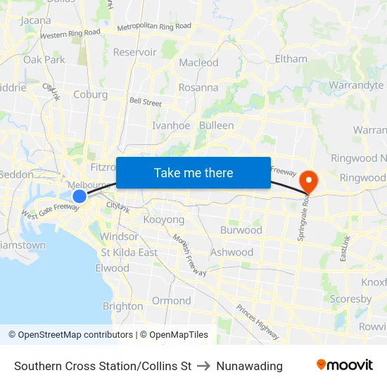 Southern Cross Station/Collins St to Nunawading map