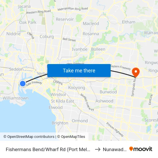 Fishermans Bend/Wharf Rd to Nunawading map