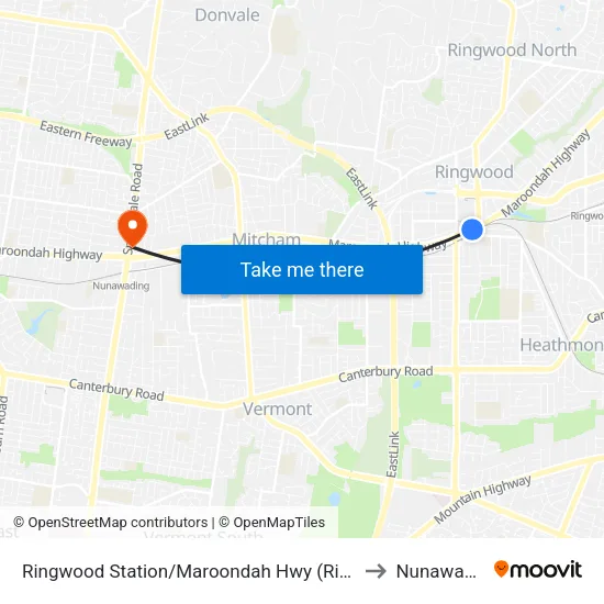 Ringwood Station/Maroondah Hwy to Nunawading map