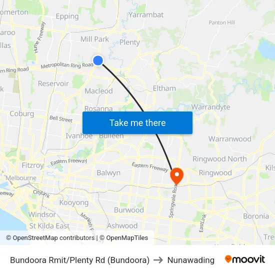 Bundoora Rmit/Plenty Rd to Nunawading map