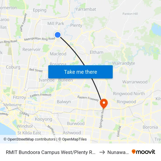 RMIT Bundoora Campus West/Plenty Rd to Nunawading map