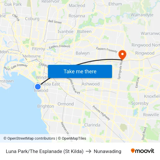 Luna Park/The Esplanade to Nunawading map