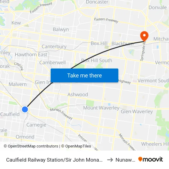 Caulfield Railway Station/Sir John Monash Dr to Nunawading map
