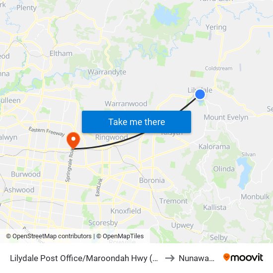 Lilydale Post Office/Maroondah Hwy (Lilydale) to Nunawading map