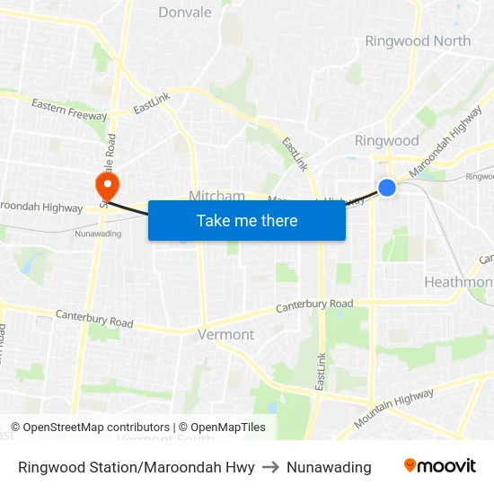 Ringwood Station/Maroondah Hwy to Nunawading map
