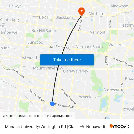 Monash University/Wellington Rd to Nunawading map