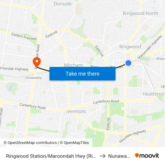 Ringwood Station/Maroondah Hwy to Nunawading map
