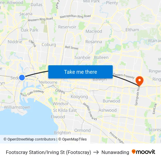 Footscray Station/Irving St to Nunawading map