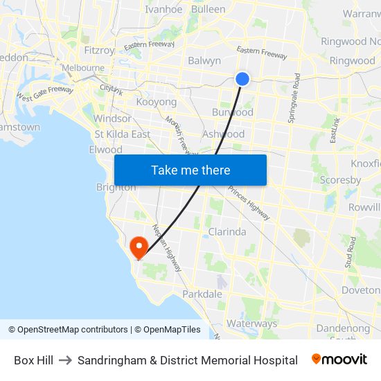 Box Hill to Sandringham & District Memorial Hospital map