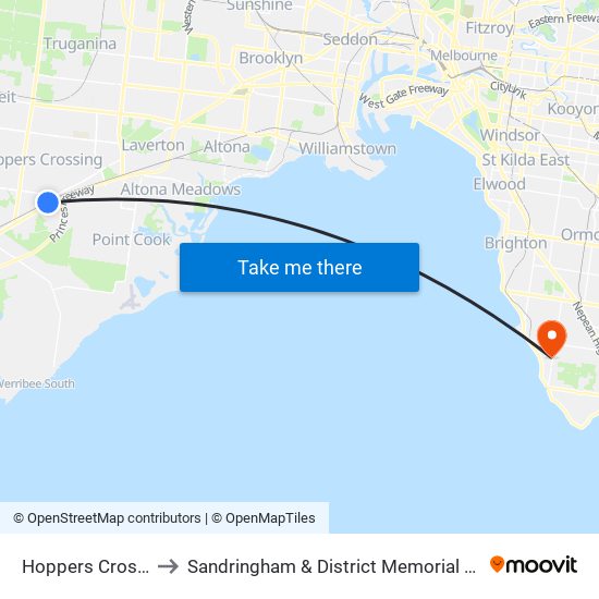 Hoppers Crossing to Sandringham & District Memorial Hospital map