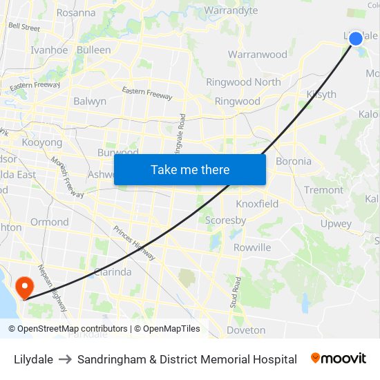 Lilydale to Sandringham & District Memorial Hospital map