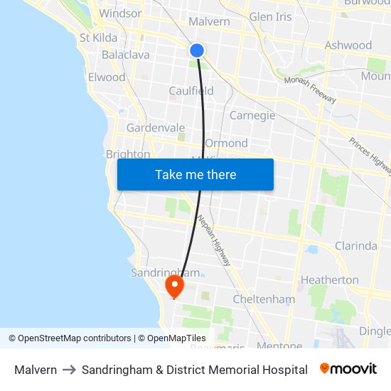 Malvern to Sandringham & District Memorial Hospital map