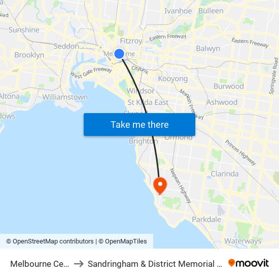 Melbourne Central to Sandringham & District Memorial Hospital map