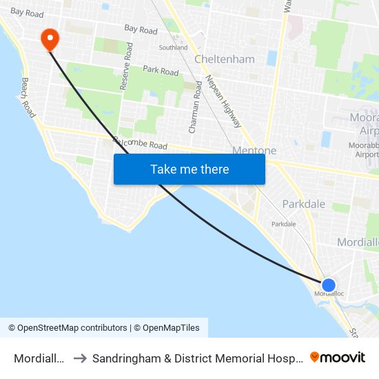 Mordialloc to Sandringham & District Memorial Hospital map