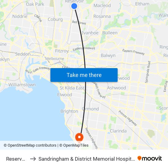 Reservoir to Sandringham & District Memorial Hospital map