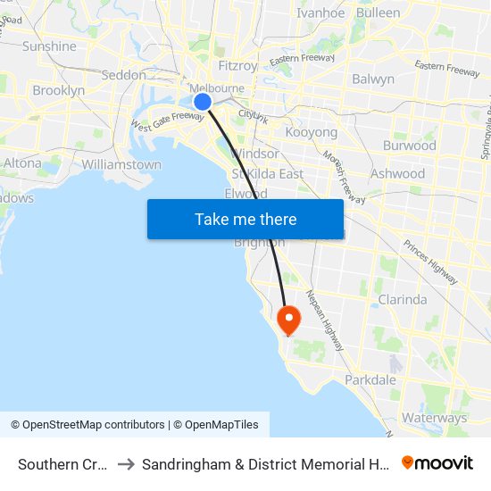 Southern Cross to Sandringham & District Memorial Hospital map