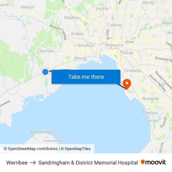 Werribee to Sandringham & District Memorial Hospital map