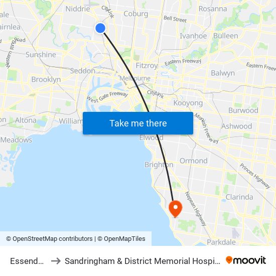 Essendon to Sandringham & District Memorial Hospital map