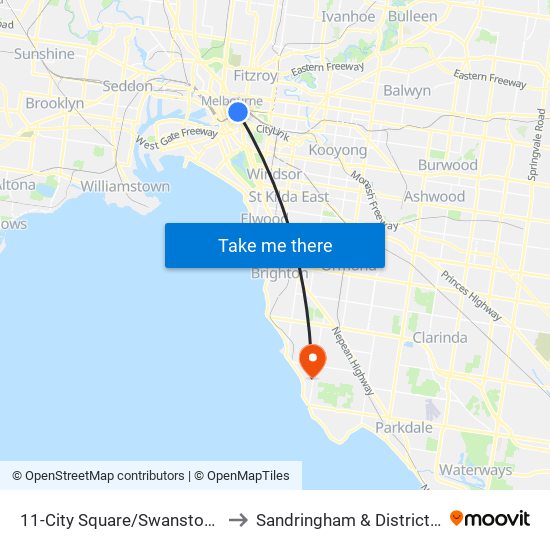 11-City Square/Swanston St (Melbourne City) to Sandringham & District Memorial Hospital map