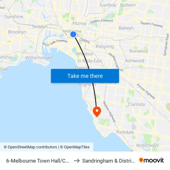 6-Melbourne Town Hall/Collins St (Melbourne City) to Sandringham & District Memorial Hospital map