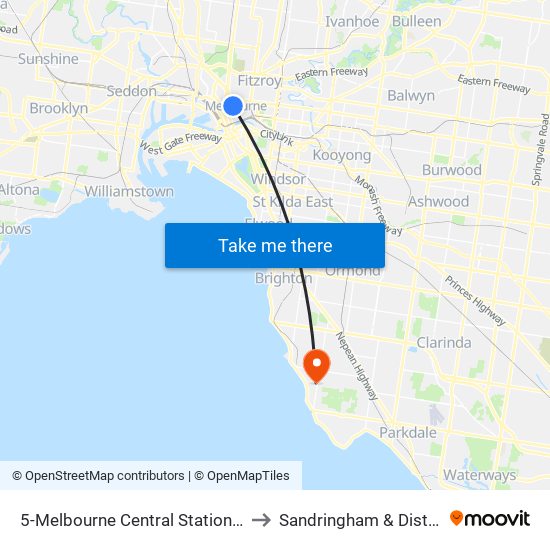 5-Melbourne Central Station/Elizabeth St (Melbourne City) to Sandringham & District Memorial Hospital map