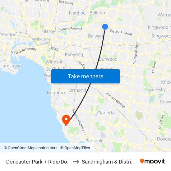 Doncaster Park + Ride/Doncaster Rd (Doncaster) to Sandringham & District Memorial Hospital map