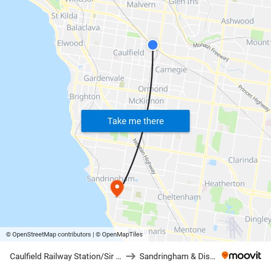 Caulfield Railway Station/Sir John Monash Dr (Caulfield East) to Sandringham & District Memorial Hospital map