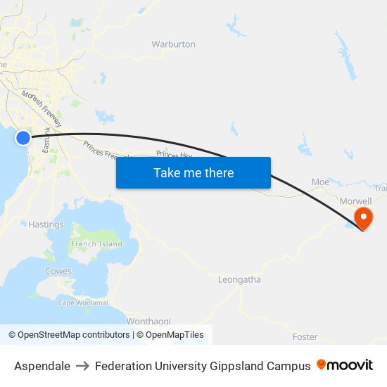 Aspendale to Federation University Gippsland Campus map