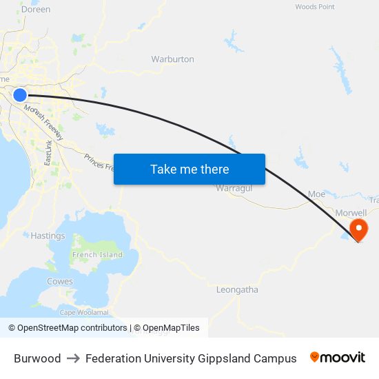 Burwood to Federation University Gippsland Campus map