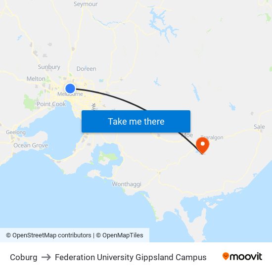 Coburg to Federation University Gippsland Campus map