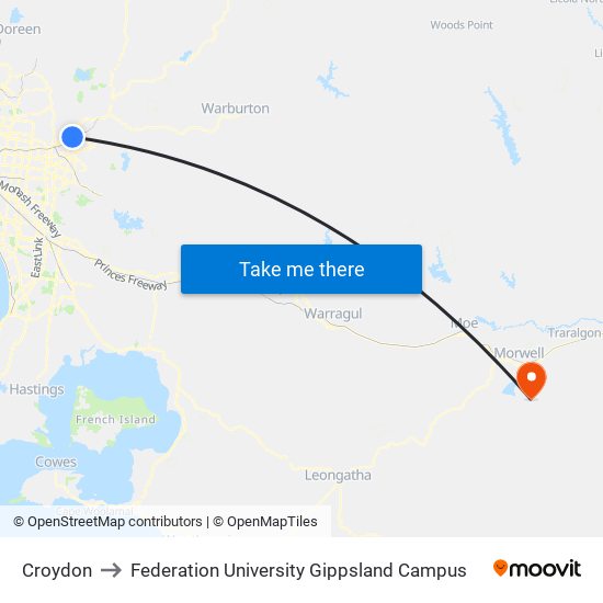 Croydon to Federation University Gippsland Campus map