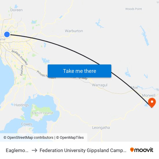 Eaglemont to Federation University Gippsland Campus map