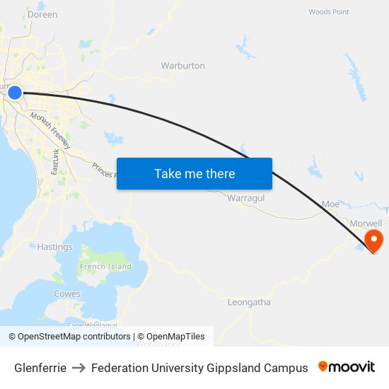 Glenferrie to Federation University Gippsland Campus map