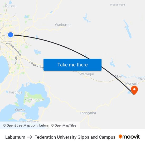 Laburnum to Federation University Gippsland Campus map